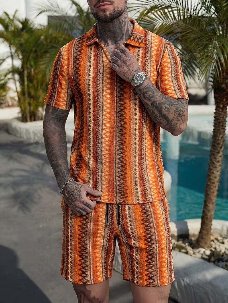Men's Ethnic Striped Short Sleeve Shirt and Shorts 2-Piece Set