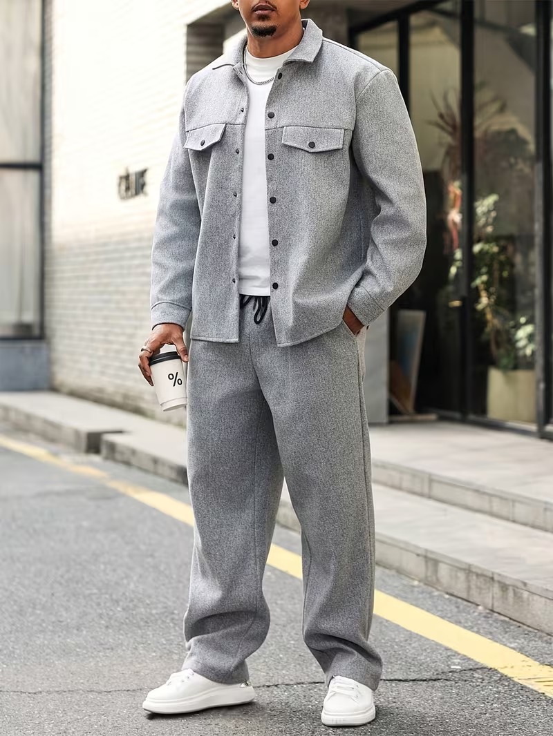 Men's Casual Long Sleeve Shirt and Pants 2-Piece Set