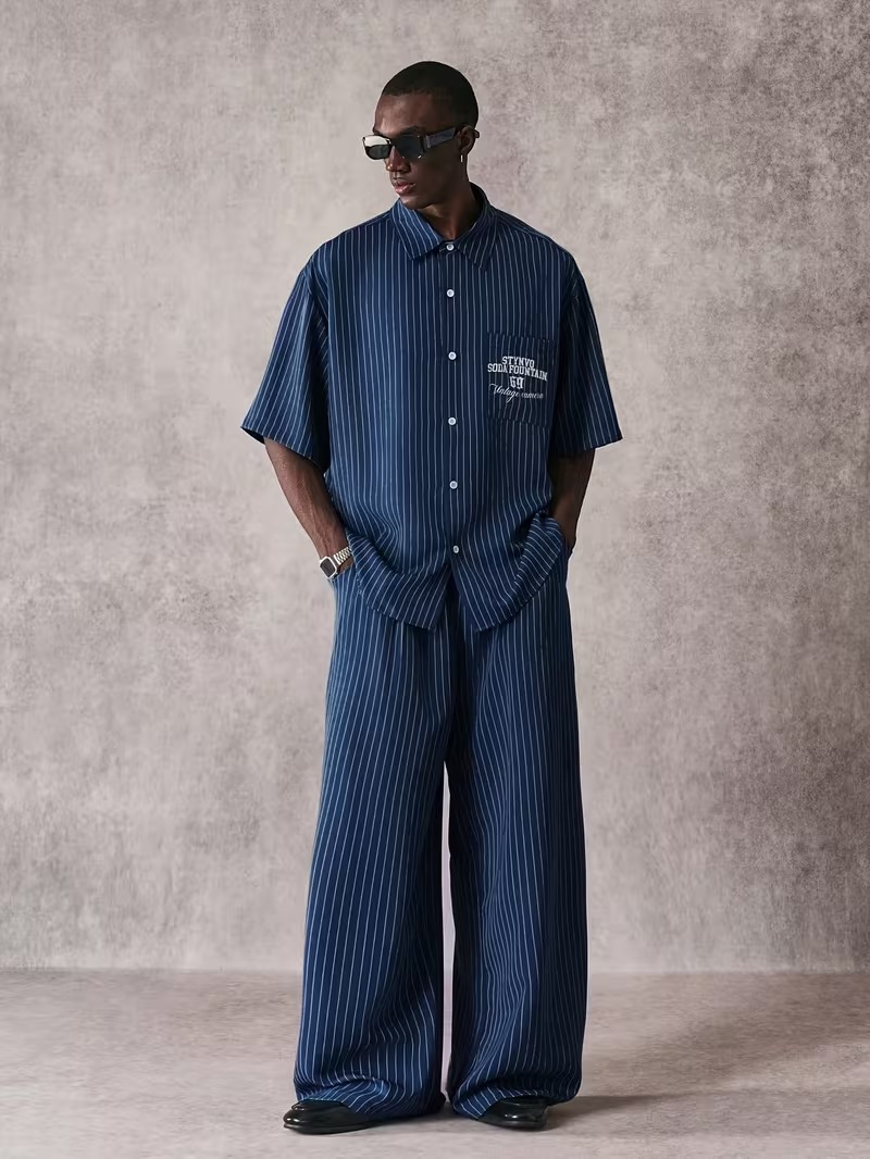 Men's Loose-Fit Striped Shirt and Wide-Leg Pants 2-Piece Set